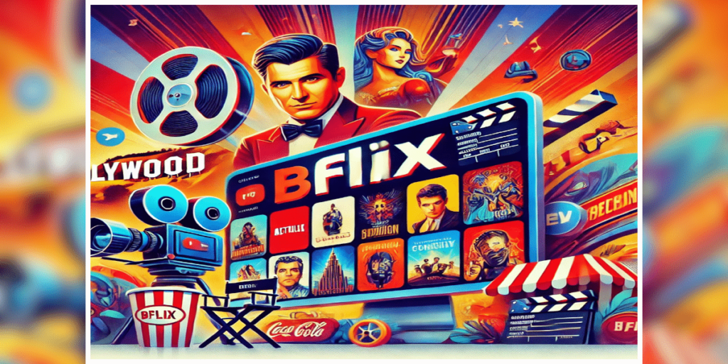 Bflix streaming platform featuring a collection of iconic American movies from various genres. Explore a fun and dynamic interface with Hollywood-themed elements.